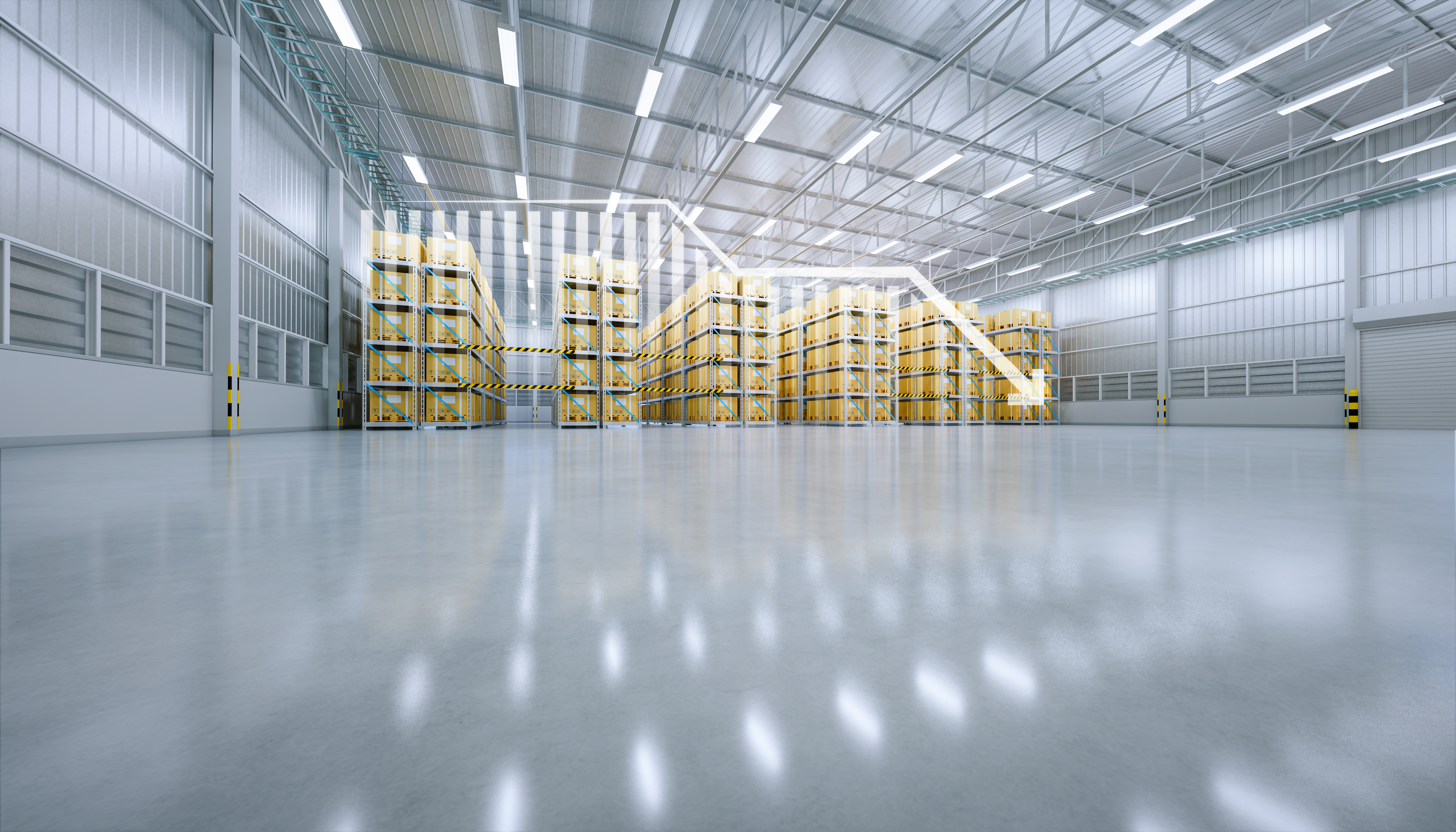 Spacious commercial warehouse with a gray epoxy floor
